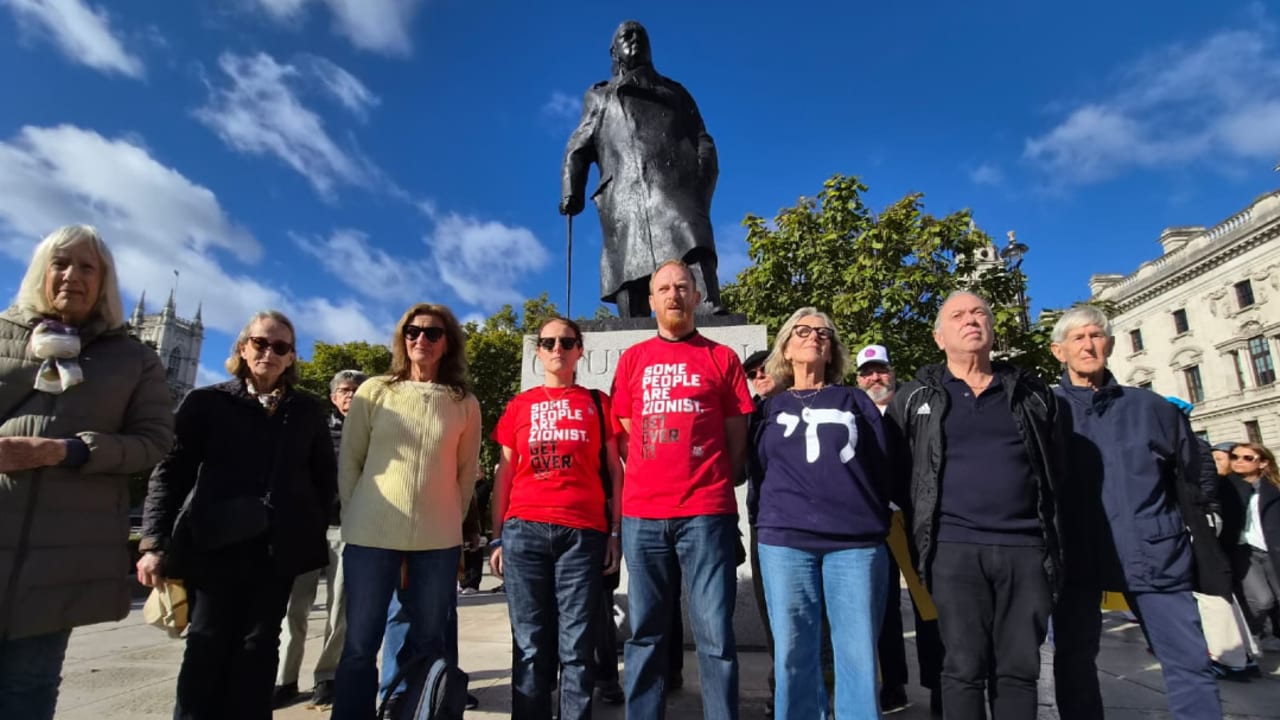 Activists challenged British antisemitism by standing with Israel launched a new campaign next to the Winston Churchill statue in Parliament Square on Saturday, October 10, 2026. 