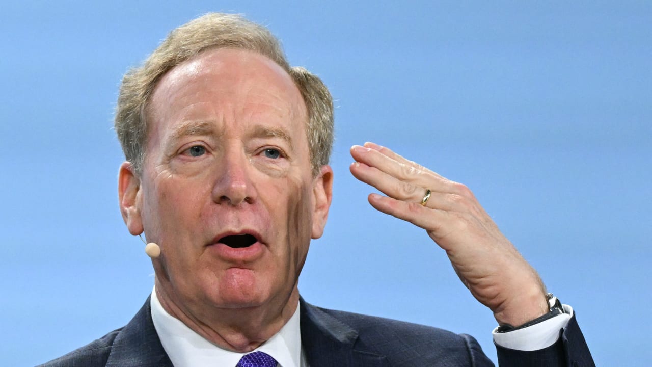 Brad Smith, Microsoft Vice Chair and President, speaks during the 2026 CERAWeek by S&P Global energy conference in Houston, Texas on March 24, 2026.