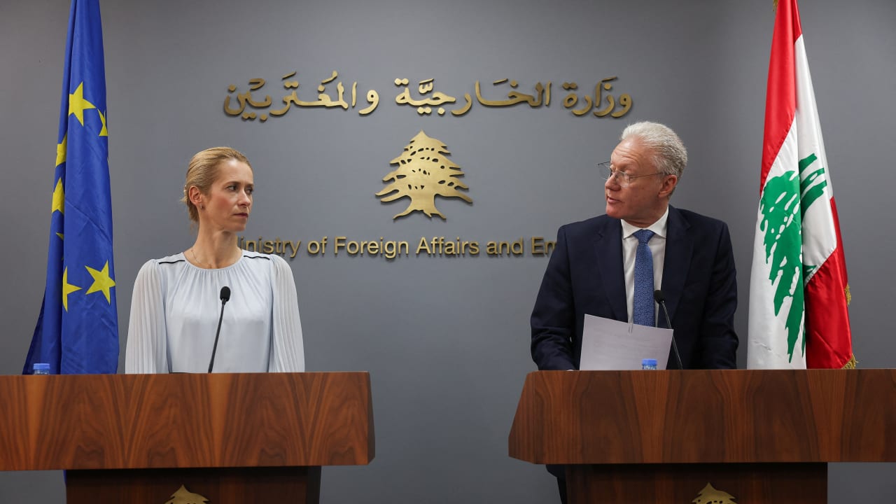 EU European Commission Vice-President Kaja Kallas and Lebanon's Foreign Minister Youssef Rajji attend a press conference, in Beirut, Lebanon, October 8, 2026.