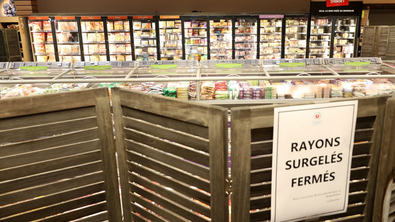 View of the closed frozen food aisle at a supermarket near Nantes after a cyberattack targeted refrigeration systems at French supermarket chains, causing food losses and fires at several stores, France, October 12, 2026.