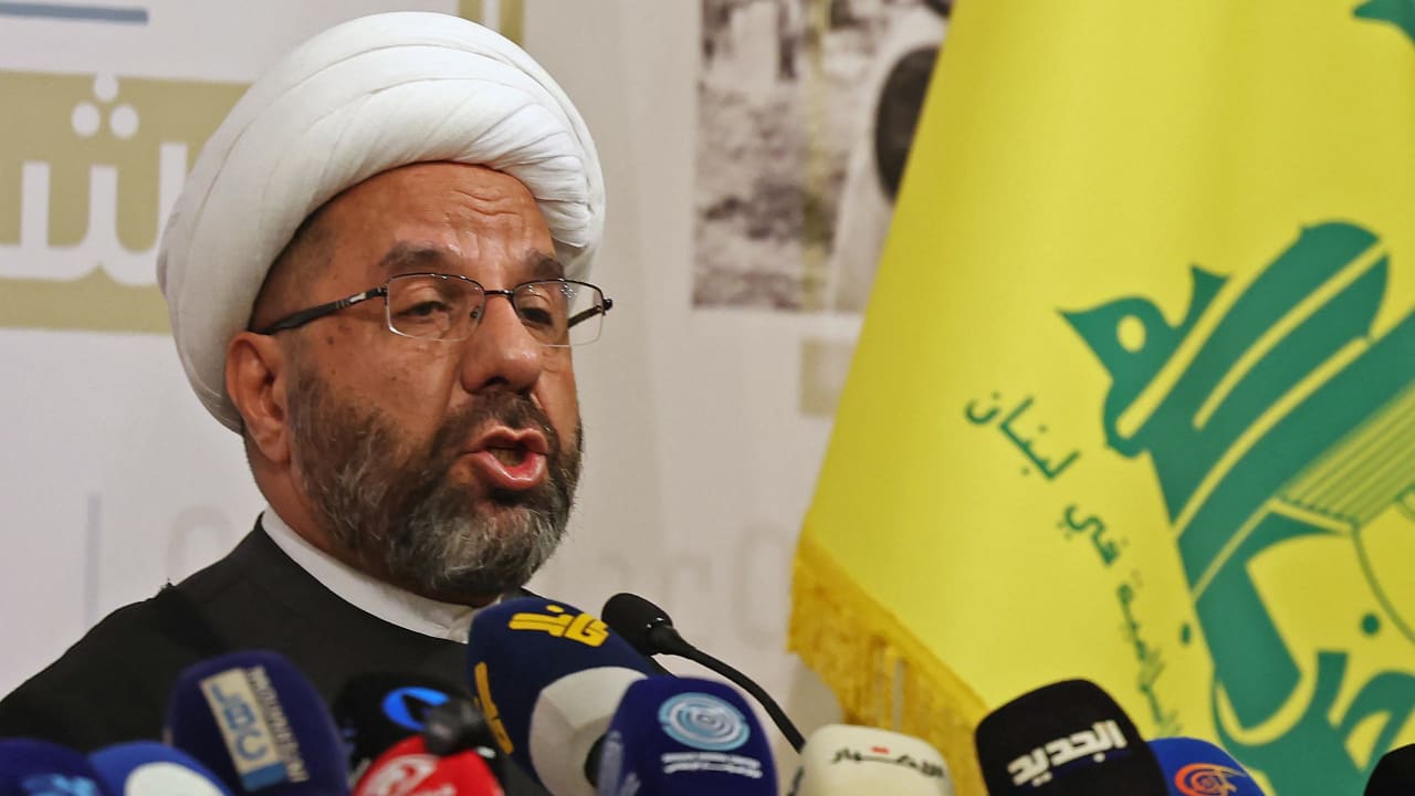 The head of Hezbollah's Executive Council, Ali Damoush addresses a press conference in the southern suburbs of Beirut on October 13, 2026.