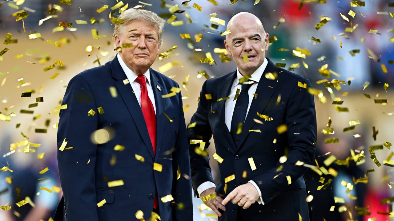US President Donald Trump and FIFA President Gianni Infantino during the trophy presentation after the FIFA World Cup Final, New Jersey, July 19, 2026; illustrative.