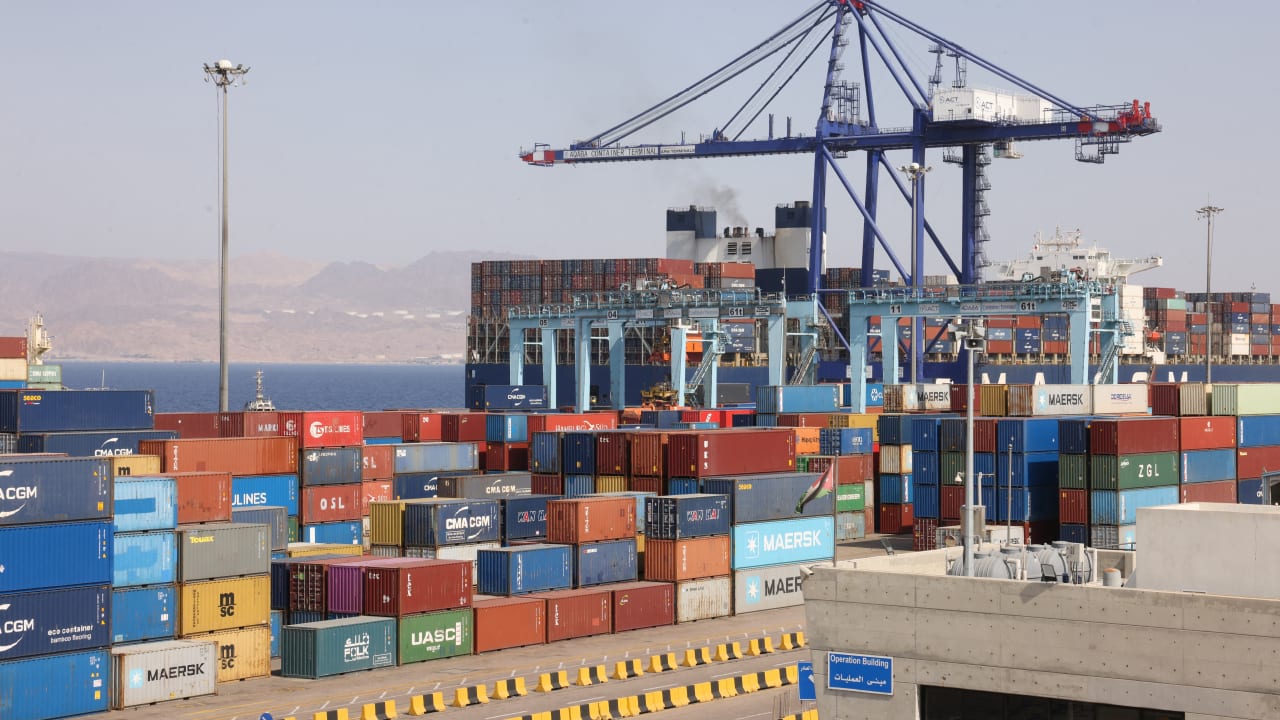A view of shipping containers near a docked container ship at the Aqaba Container Terminal (ACT), which has seen increased vessel traffic amid disruptions to shipping through the Strait of Hormuz, in Aqaba Tuesday, 1st September 2026