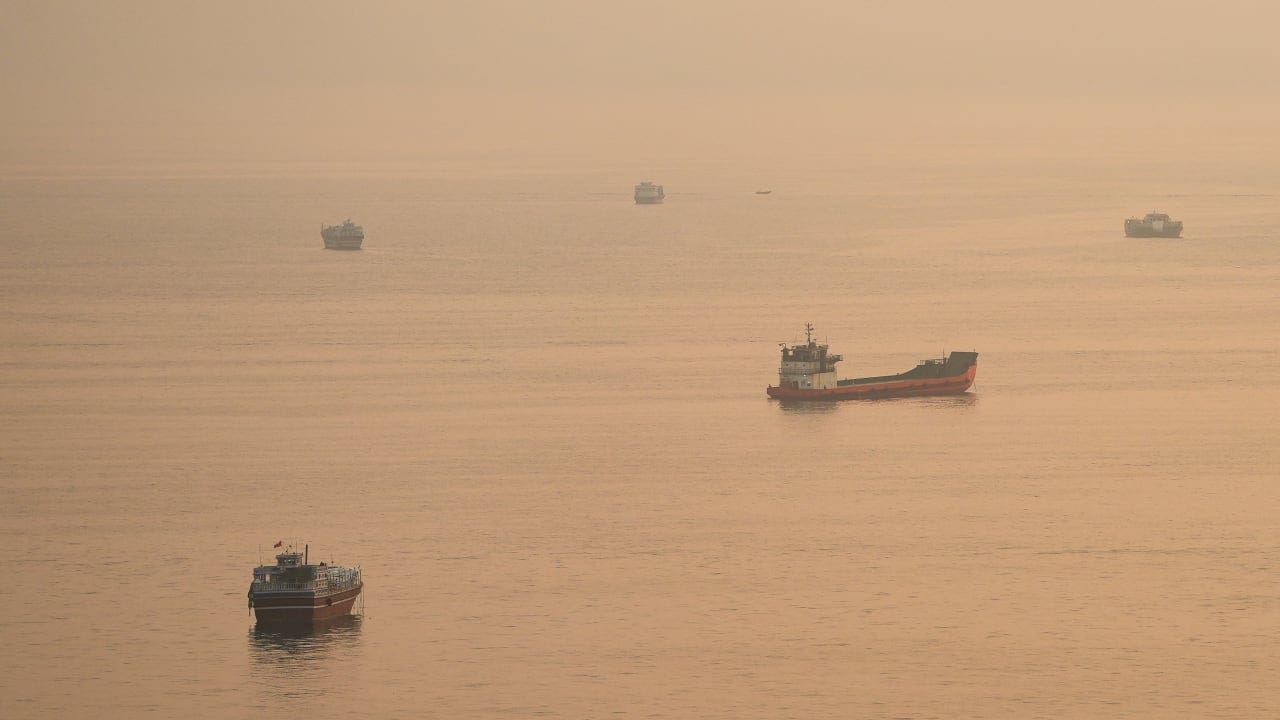 Vessels at the Strait of Hormuz, as seen from Musandam, Oman, October 12, 2026. 