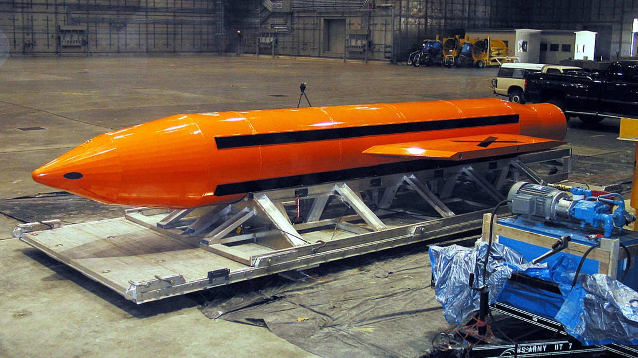 This US Department of Defense (DoD) handout photo shows the Massive Ordinance Air Blast (MOAB) weapon March 11, 2003 at Eglin Air Force Base, Florida.