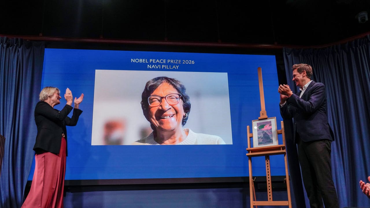 NOBEL PEACE Center director Kjersti Flogstad and Norwegian Nobel Committee head Jorgen Watne Frydnes talk with this year’s Peace Prize laureate Navi Pillay via video link at the Nobel Peace Center in Oslo, on October 10, 2026.