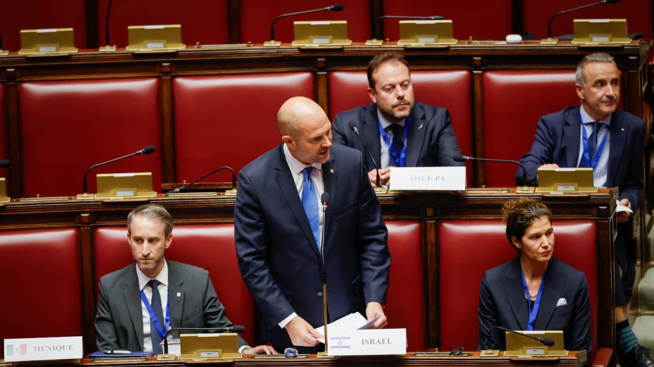 Knesset Speaker Amir Ohana speaks at the Council of Europe, October 15, 2026. 