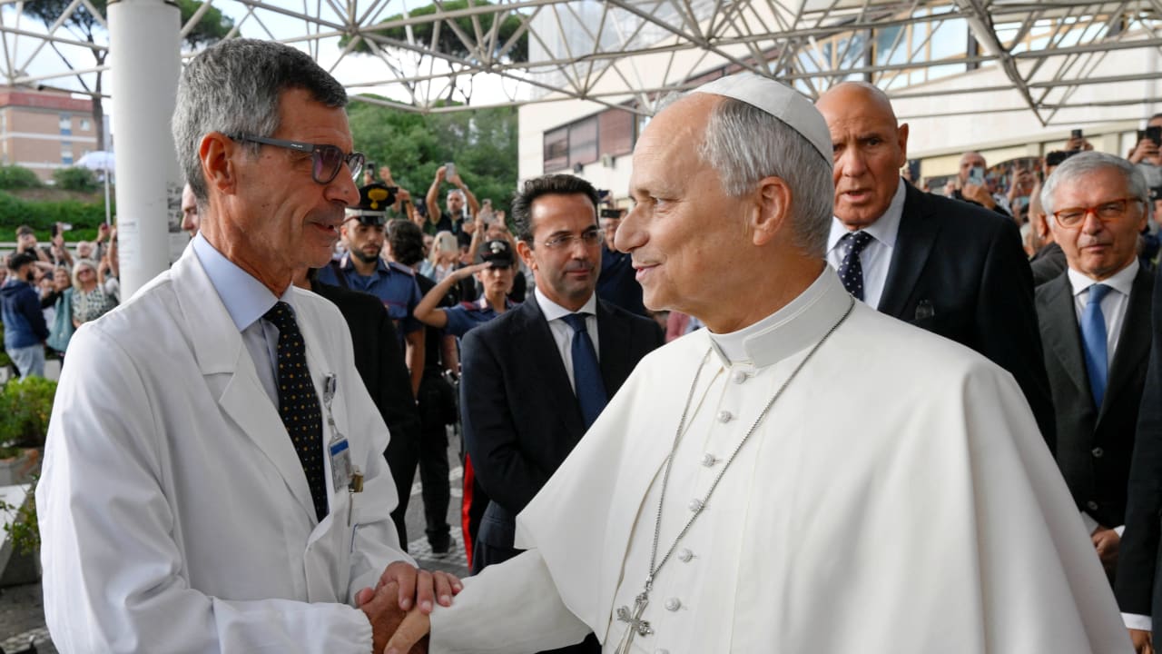 Pope Leo leaves Gemelli Hospital following his lung surgery and cancer diagnosis, in Rome, Italy, October 17, 2026. 