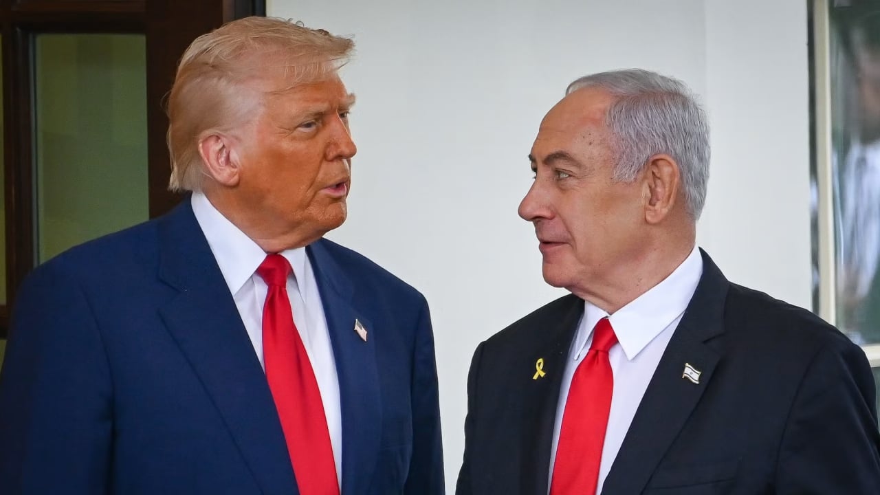 US President Donald Trump welcomes Israeli prime Minister Benjamin Netanyahu at the White House in Washington D.C., April 7, 2025.