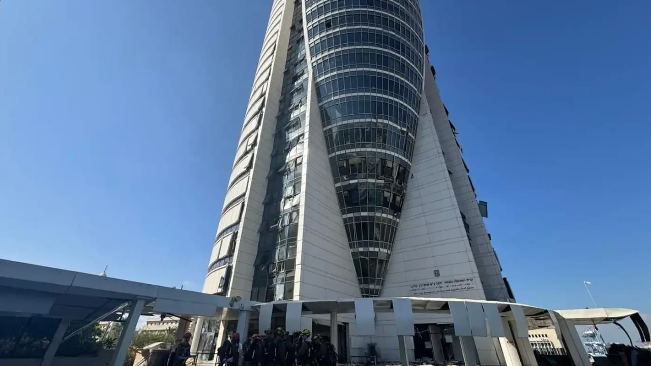 The damage caused to the Sail Tower (“The Missile” Building) in Haifa by Iranian missile during Operation Rising Lion.