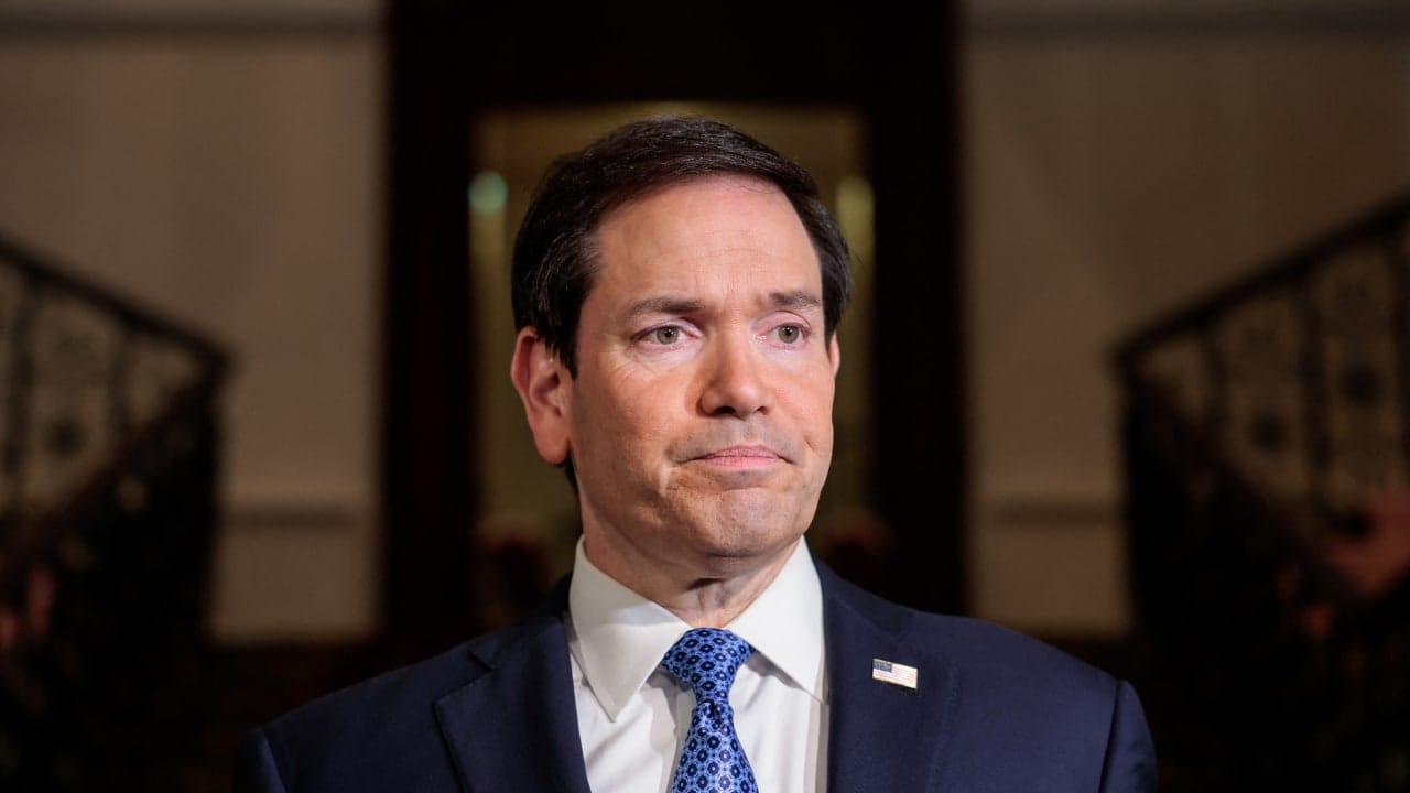 US Secretary of State Marco Rubio looks on upon his arrival at the Taj Mahal Palace Hotel in Mumbai on October 20, 2026.