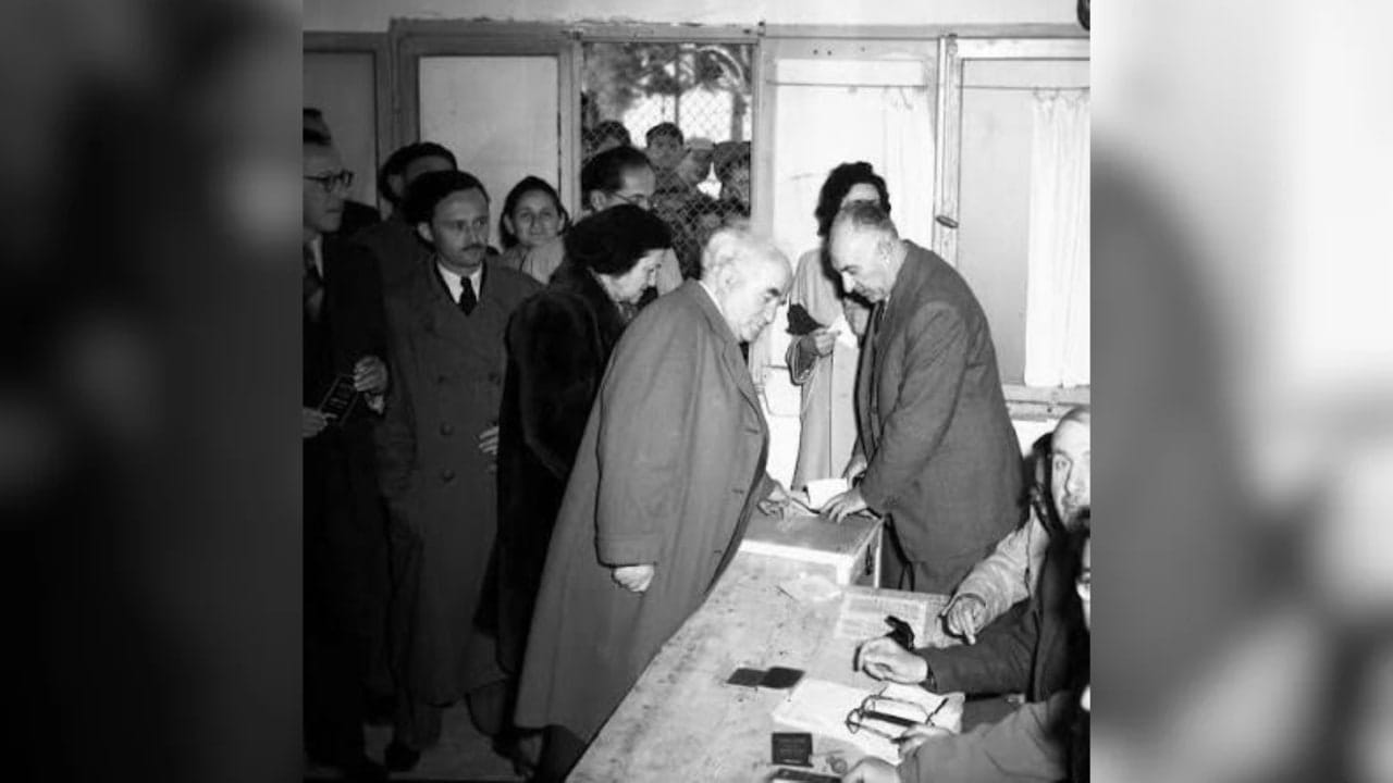 Israel's first prime minister David Ben-Gurion casts his vote in the first election to the Knesset in 1949.