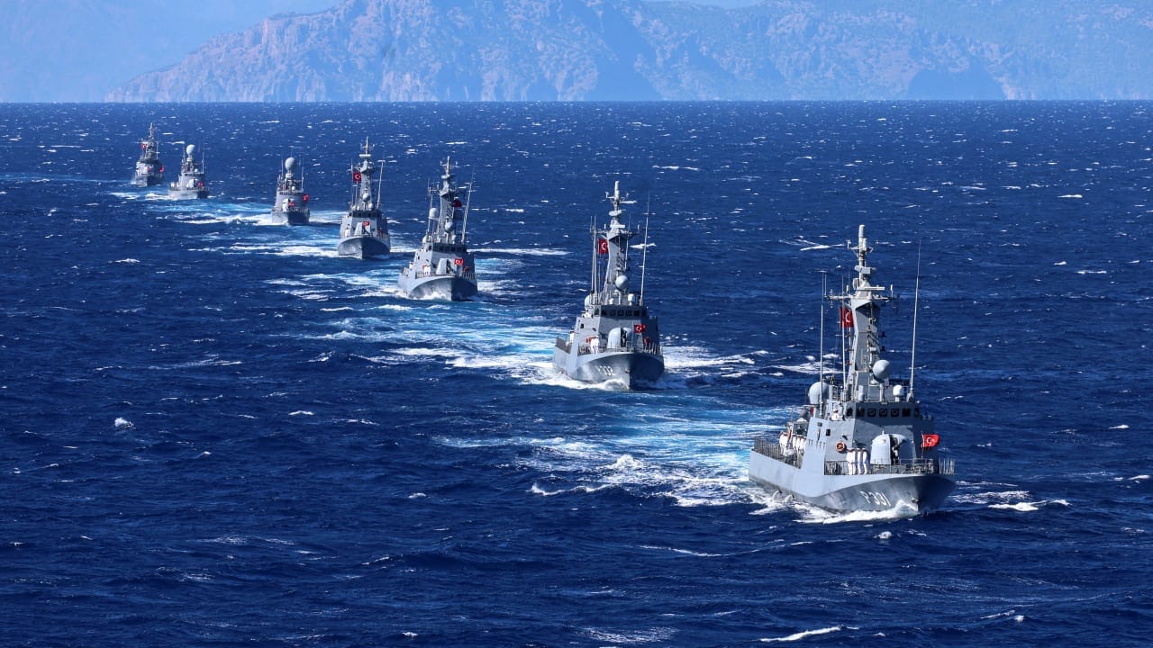 Turkish Navy's Kilic-class fast attack craft participate in a ceremonial parade during the Denizkurdu-I/2026 Exercise in the Eastern Mediterranean, off the coast of Aksaz, at Marmaris in Mugla, on September 24, 2026.