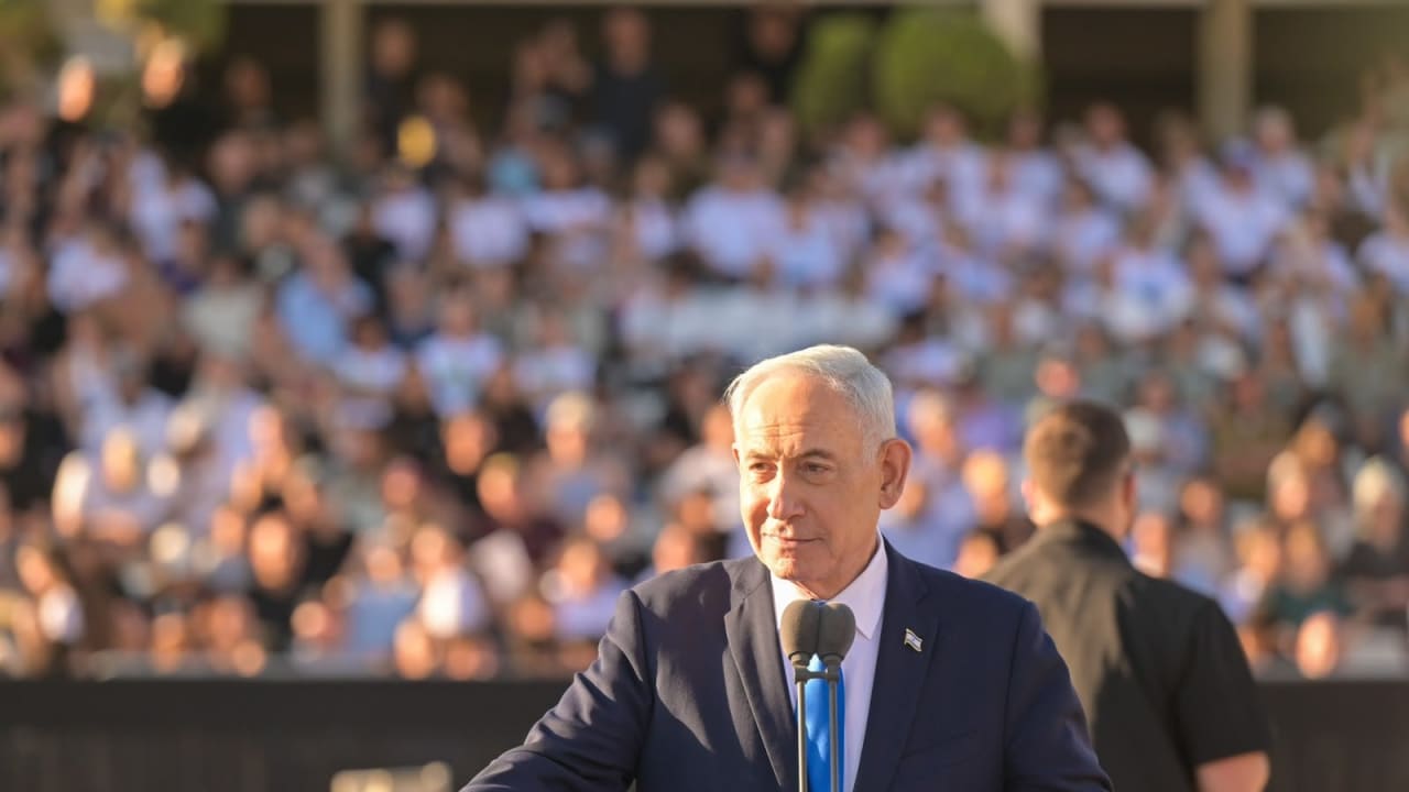 Prime Minister Benjamin Netanyahu giving a speech at the IDF Combat Infantry Officer's Course graduation ceremony, October 21, 2026.