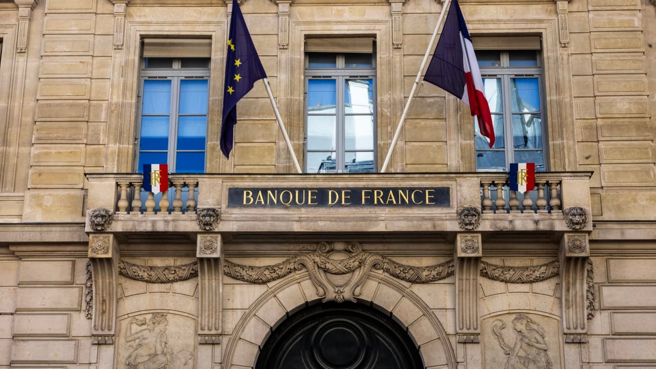 Facade of the Banque de France (Bank of France) head office in Paris on July 10, 2026.
