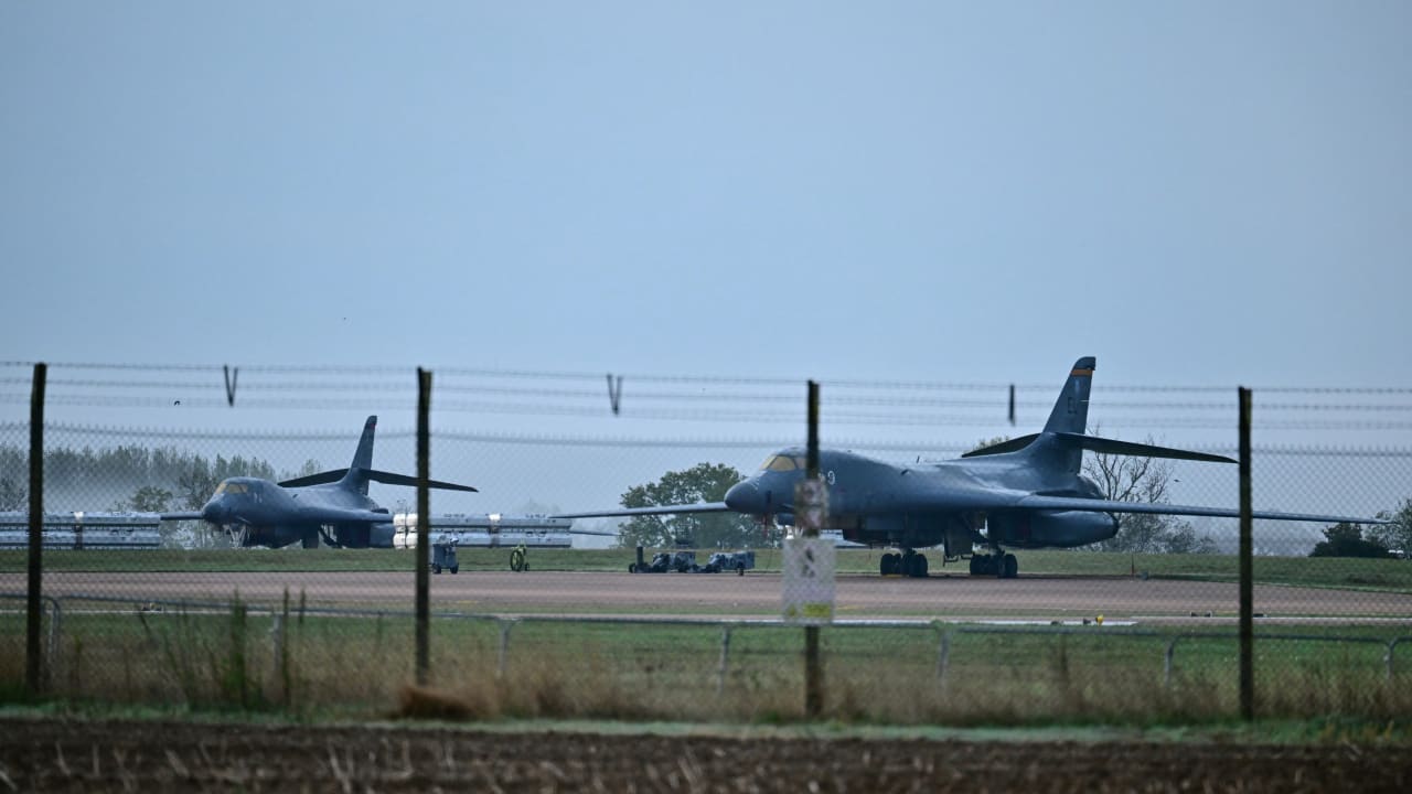US Air Force bombers sit on the tarmac at RAF Fairford base in Fairford, south-west England on September 28, 2026, a day after British counter-terrorism police were probing "a major" incident near the base.