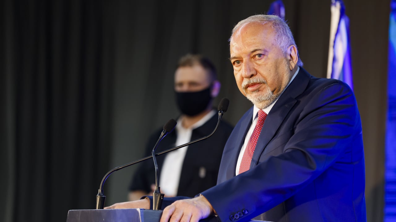 Yisrael Beiteinu party chairman MK Avigdor Liberman at the party’s election headquarters in Tel Aviv, on Israel’s general election night, October 27, 2026. 