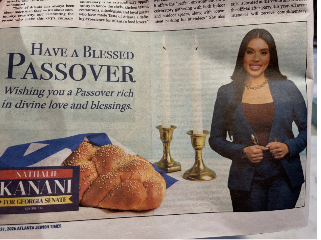 A Georgia Democratic candidate for the state Senate, Nathalie Kanani, came under ridicule after a Passover ad published in the Atlanta Jewish Times reportedly featured challah, a leavened bread traditionally avoided during the holiday. April 5, 2026. (photo credit: SCREENSHOT/X/@bluestein)