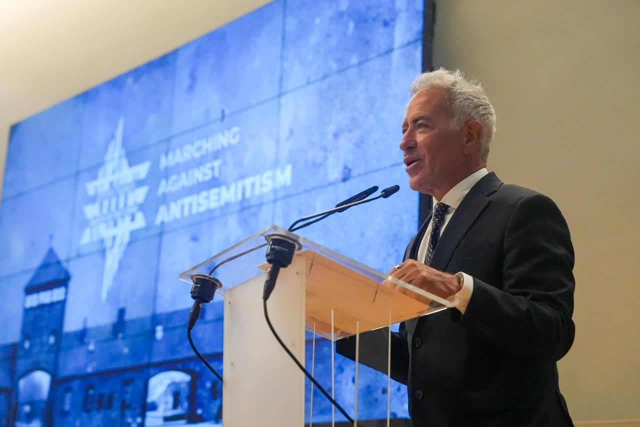 SYLVAN ADAMS, World Jewish Congress Israel President, speaking at the press conference on antisemitism at the March of the Living. (photo credit: Sahar Cohen)