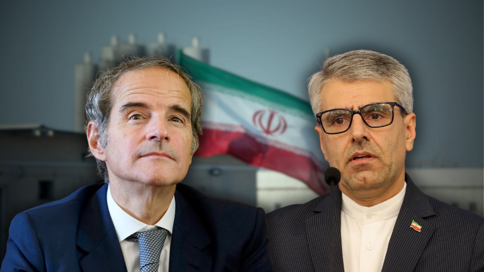 IAEA Director General Rafael Grossi, Foreign Ministry spokesperson Esmaeil Baghaei in front of Iranian flag. (illustration) (photo credit: Getty Images/ATTA KENARE/AFP, Pier Marco Tacca, ATTA KENARE/AFP)