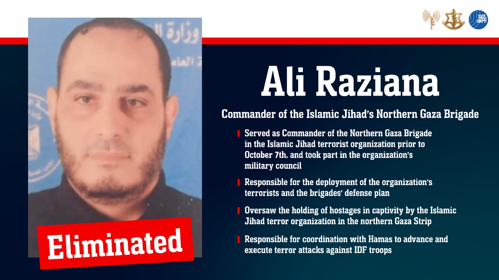 Profile of the terrorist Ali Raziana, who served as the Commander of the Northern Gaza Brigade in the Islamic Jihad terror organization.  (photo credit: IDF SPOKESPERSON UNIT)
