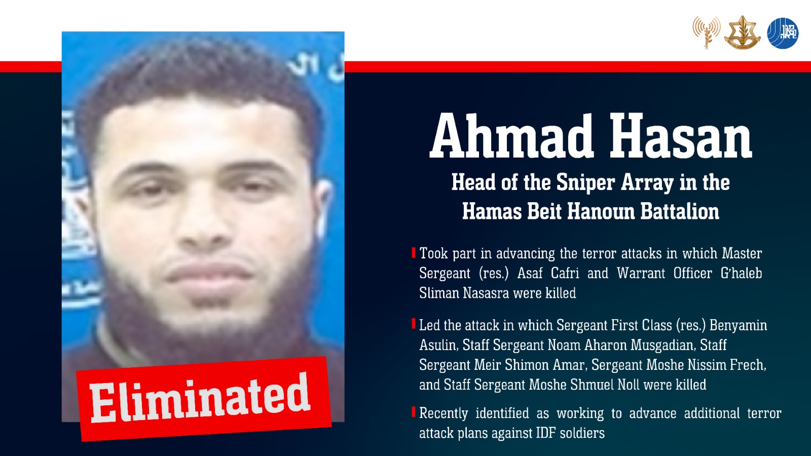 IDF eliminates terrorist Ahmad Hasan, head of the Sniper Array in the Hamas Beit Hanoun Battalion. February 11. (photo credit: IDF SPOKESPERSON UNIT)