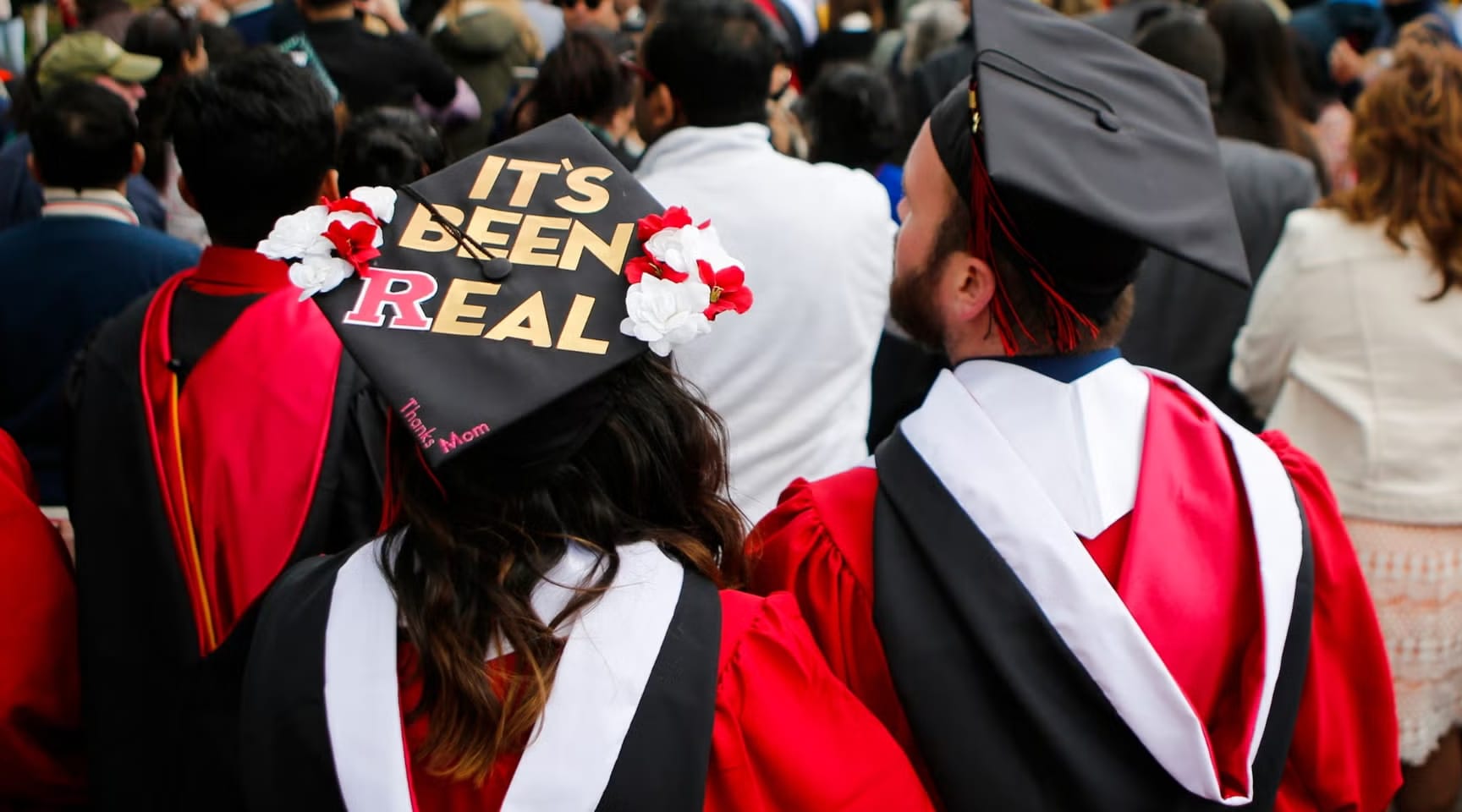 Graduates and guests of Rutgers University graduation exit the ceremonies (photo credit: Eduardo Munoz Alvarez/Getty Images)