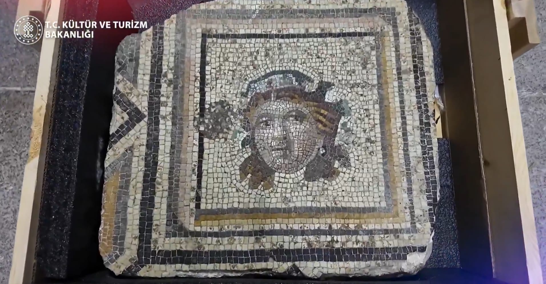 Screengrab of 13th missing piece of the famed Turkish "Gypsy Girl" mosaic returned to Turkey by the United States, May 29, 2026. (photo credit: Screenshot/X/@MehmetNuriErsoy)