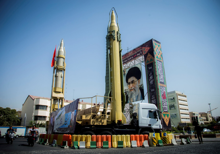 Missiles and a portrait of Iran's Supreme Leader Ayatollah Ali Khamenei in Baharestan Square in Tehran, Iran.