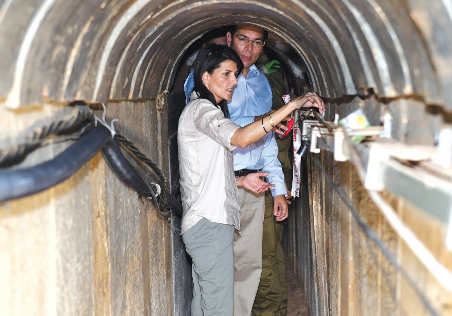 US AMBASSADOR to the United Nations Nikki Haley and Israel’s UN envoy Danny Danon, tour a tunnel in June, excavated by Hamas near the Israeli-Gaza border.