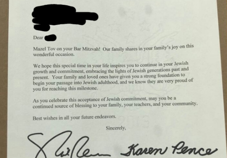 A letter from Vice President Pence to a Jerusalem bar mitzvah boy (credit: Lahav Harkov)