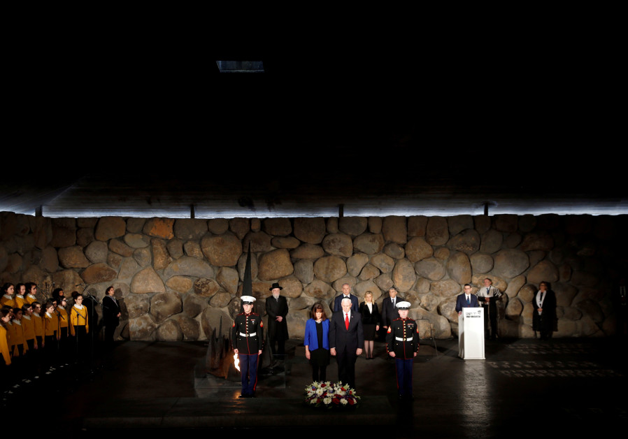 U.S. Vice President Mike Pence and his wife Karen participate in a ceremony commemorating the six million Jews killed by the Nazis during the Holocaust, in the Hall of Remembrance at Yad Vashem World Holocaust Remembrance Center in Jerusalem January 23, 2018. / RONEN ZVULUN / REUTERS 