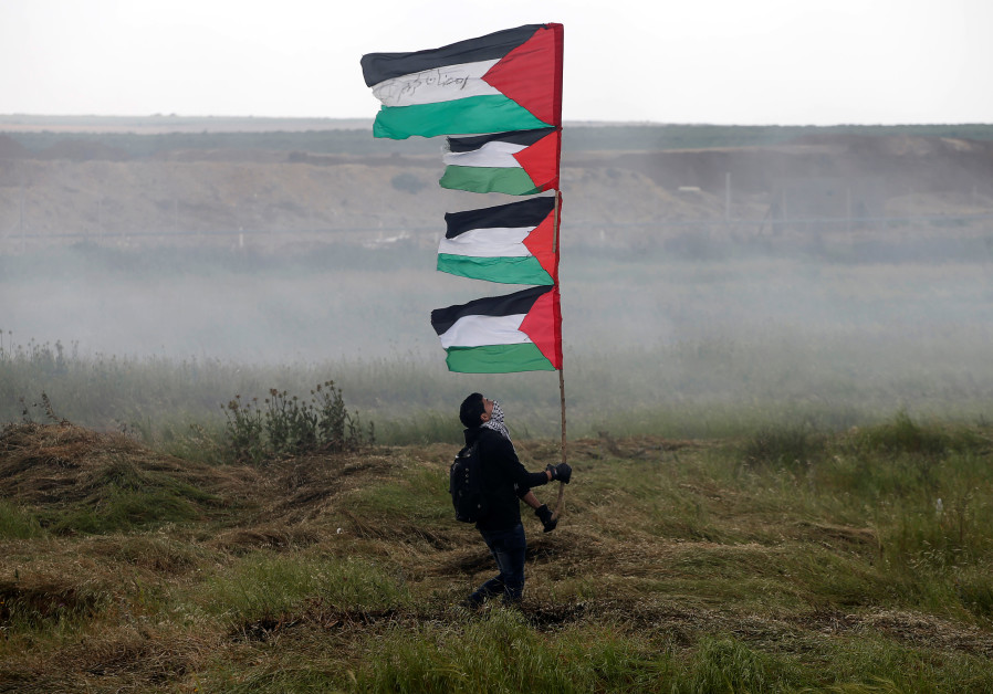 A demonstrator holds Palestinian holds during clashes with Israeli troops, March 30, 2018 (MOHAMMED SALEM/ REUTERS). 