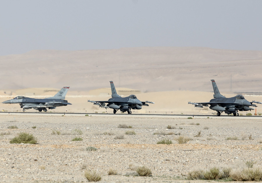 F-16 jets on the runway during the Blue Flag drill (Credit: Marc Israel Sellem/The Jerusalem Post)