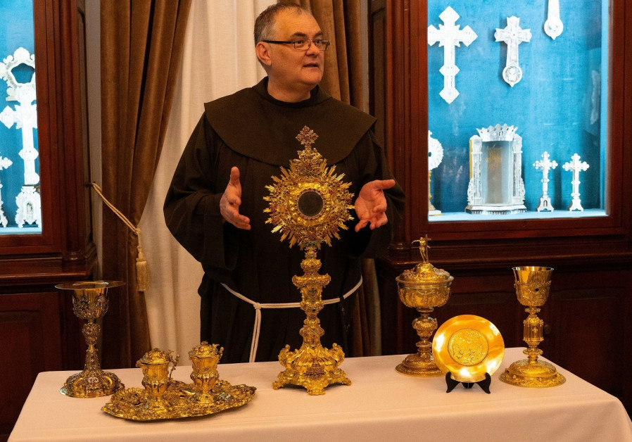 Father Stéphane Milovitch introduces some of the European treasures to be exhibited in one of the new sections of the Terra Sancta Museum in the Old City of Jerusalem/ DANIEL SONNENFELD/THE MEDIA LINE