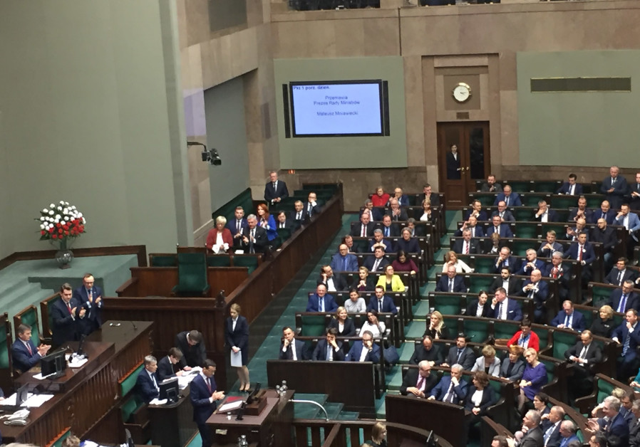 Polish Prime Minister Mateusz Morawiecki addressing the Polish parliment. (Tamara Zieve)