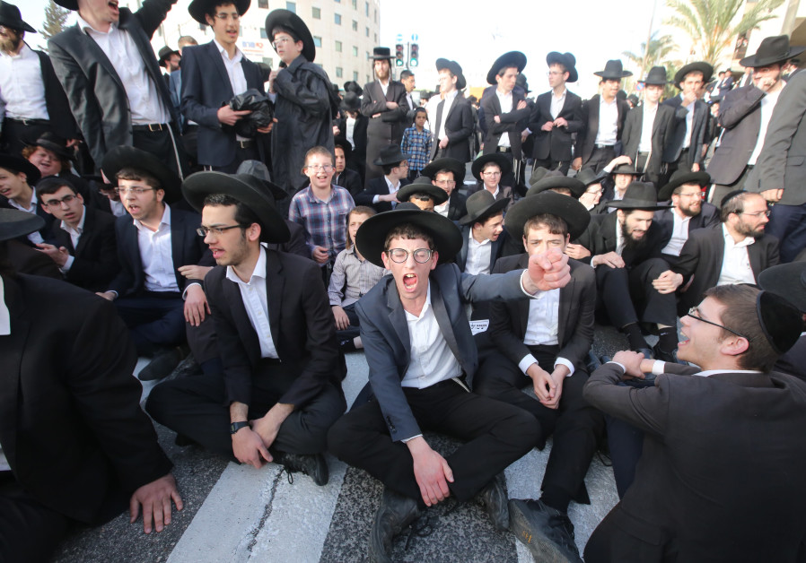 Young haredim take part in a protest against mandatory IDF conscription, March 2018. (Credit: Marc Israel Sellem/The Jerusalem Post)