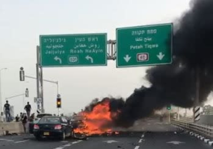 A car exploded on Route 40 near the Elishama interchange near Kfar Saba on May 1, 2018. (United Hatzalah)