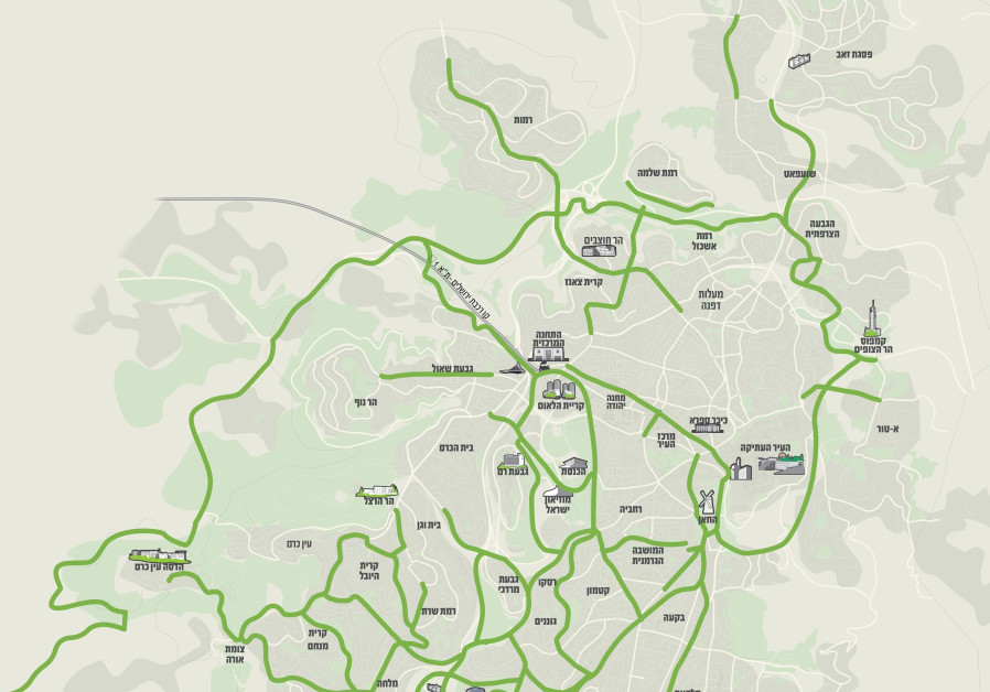 Map of Jerusalem's future bike lane network.