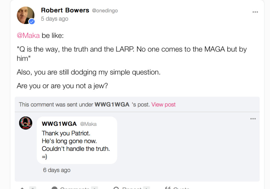 Photo Credit: Courtesy, A post made from the alleged Pittsburgh shooter's, Robert Bowers, Gab account.