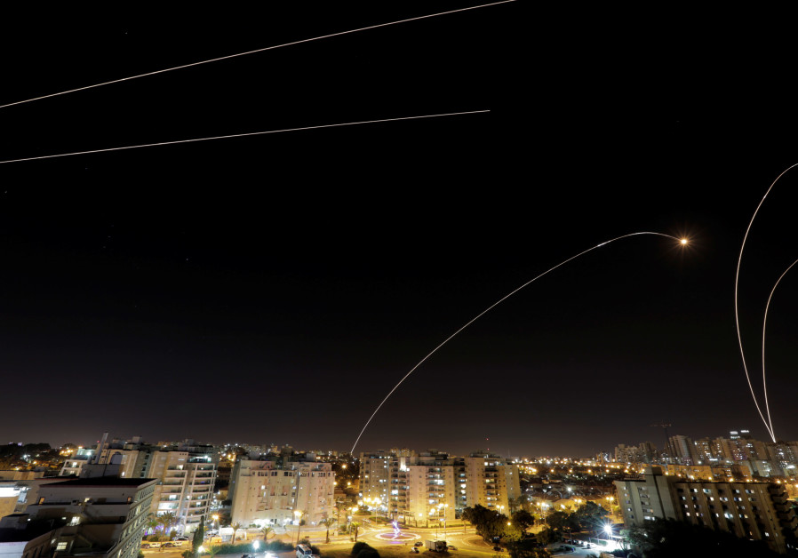 A general view of the Israeli city of Ashkelon, as an Iron Dome anti-missile fires near the Israeli 