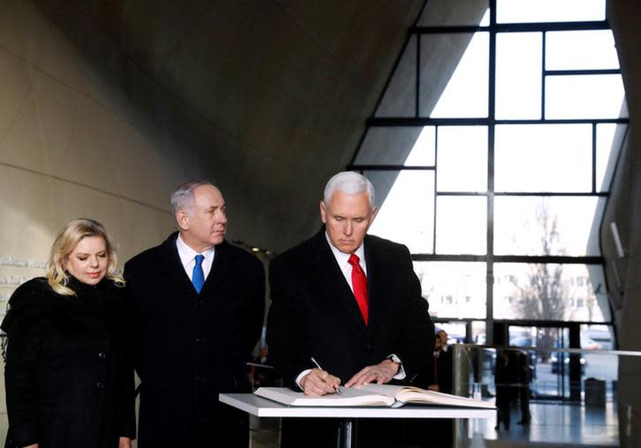 U.S. Vice President Mike Pence, Prime Minister Benjamin Netanyahu and his wife Sara visit the Jewish Museum in Warsaw, Poland, February 14, 2019
