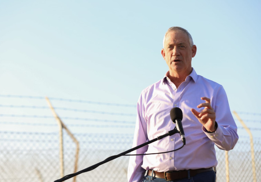 Blue and White Party Leader Benny Gantz speaks following the March 14 rocket launches, 2019.