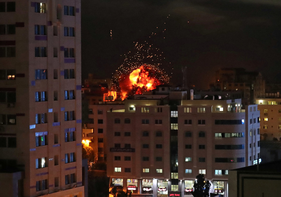 A ball of fire is seen during an Israeli air strike in Gaza City May 4, 2019