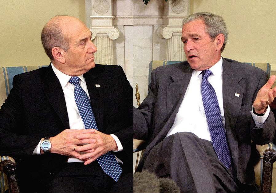 PRESIDENT GEORGE W. Bush meets with then-Israeli prime minister Ehud Olmert. (Credit: REUTERS)