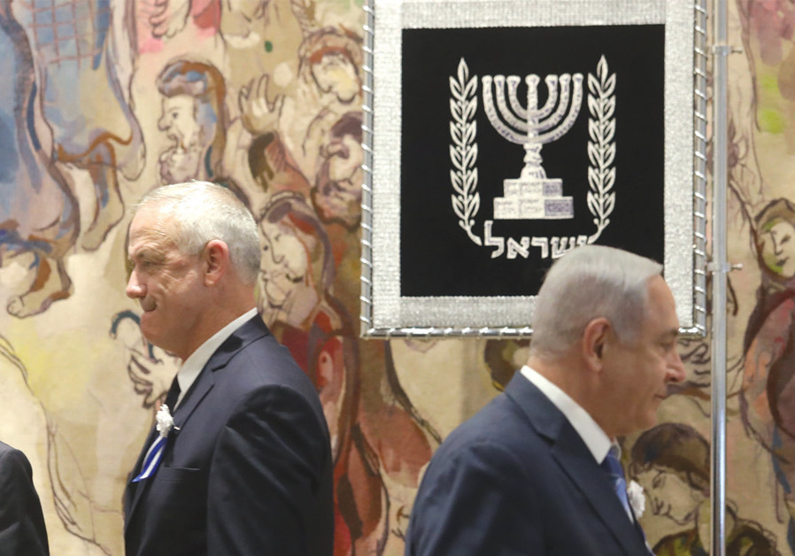 Tension was evident between Blue and White leader Benny Gantz and Prime Minister Benjamin Netanyahu at the opening of the Knesset’s new session on April 30 (credit: MARC ISRAEL SELLEM)