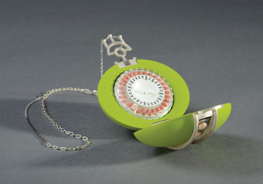 RILL GREENFELD’S Fertility Now pendant (above) alludes to use of the modern contraceptive pill. (Credit: SHAI BEN EFRAIM)