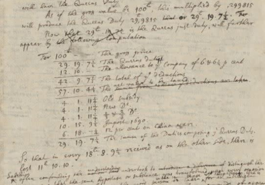Formula for calculating currency tax alongside notes on the Trinity, 1710 (Credit: A.S. YAHUDA COLLECTION AT THE NATIONAL LIBRARY OF ISRAEL)