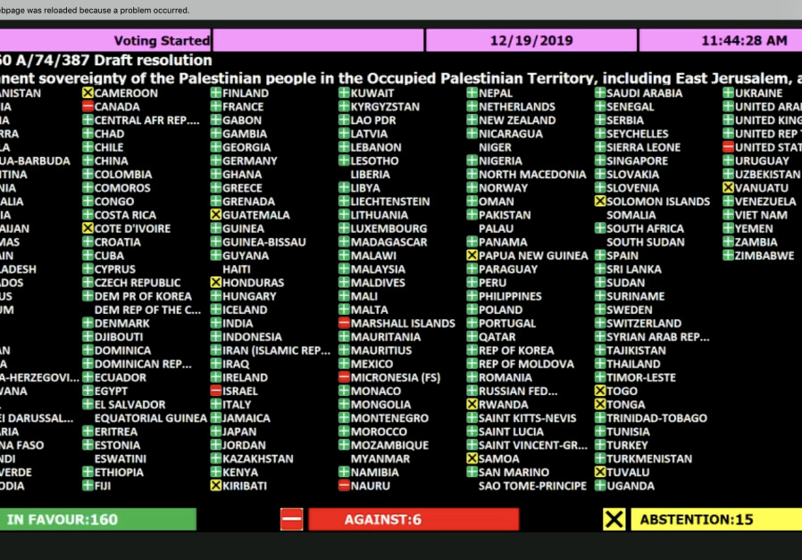 A screenshot of the voting on the UN General Assembly supporting Palestinian restitution claims. (credit: Screenshot)
