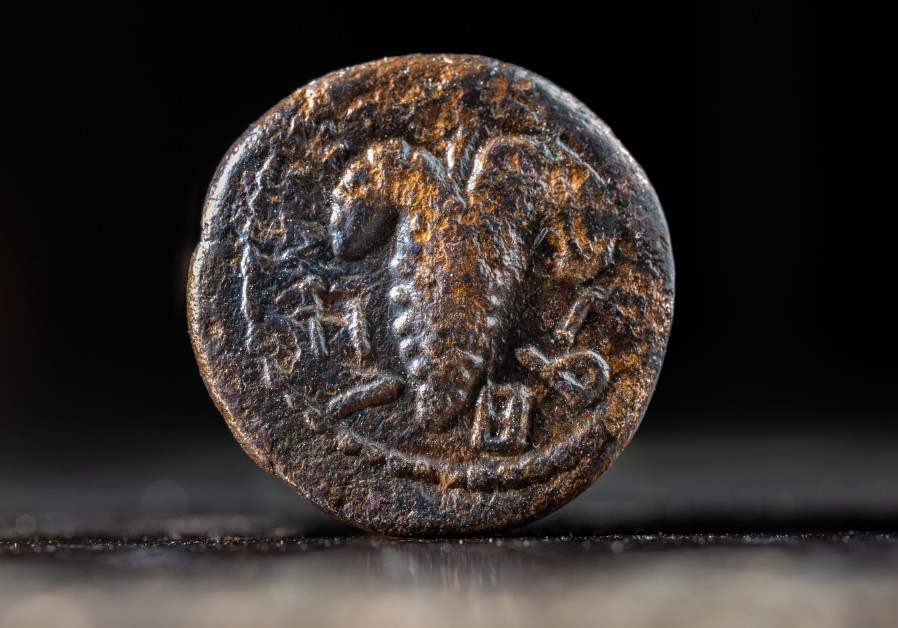 Bar Kokhba Revolt Coin inscribed with the words "Return to Israel" with a cluster of grapes in the center. (Credit: Koby Harati, City of David Archive)